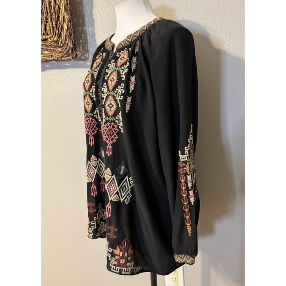 Johnny Was Long Sleeve Black Embroidered SILK Malta Tunic Top Colorful $300 - Picture 5 of 16